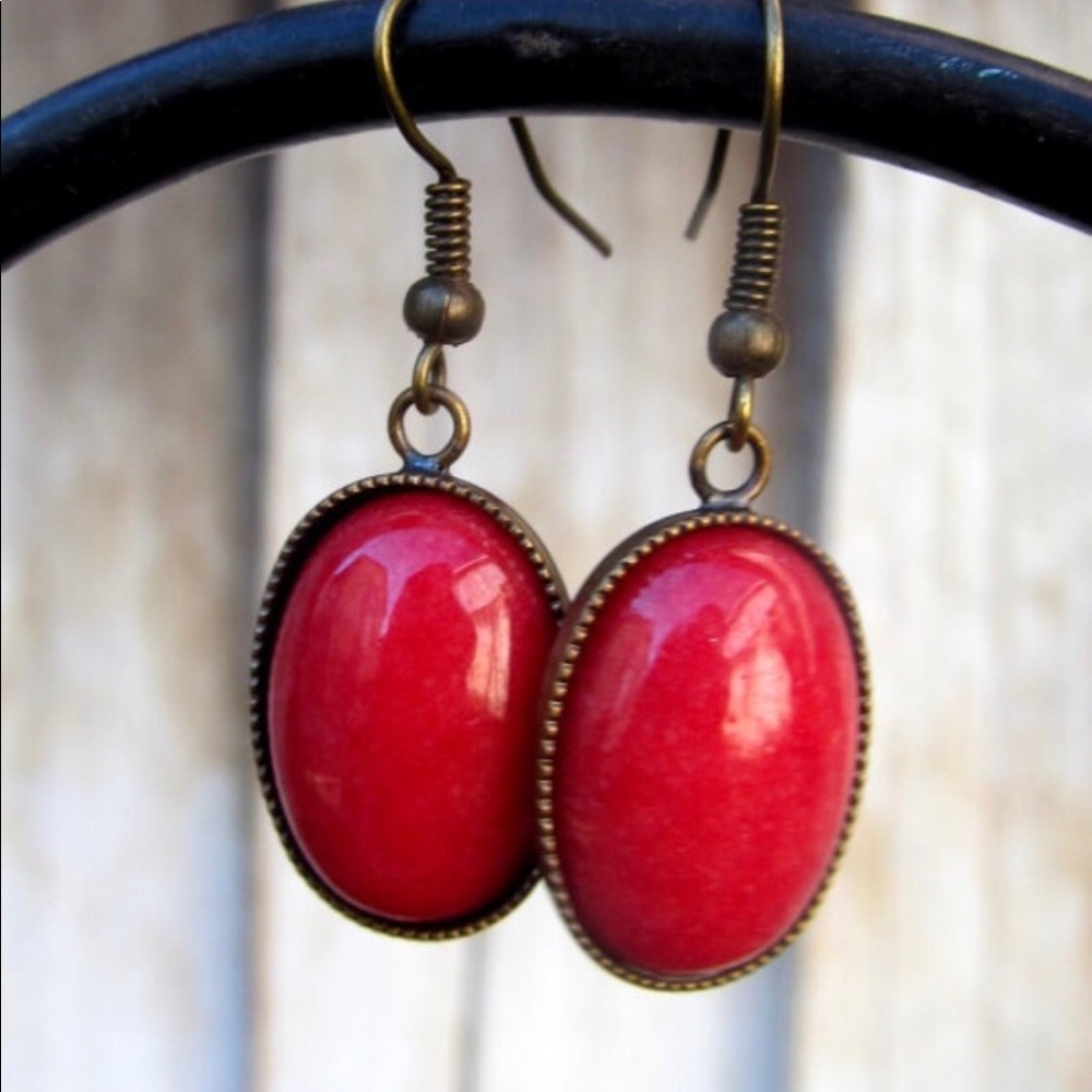Red Jade and Brass Oval Drop Earrings - Picture 1 of 4